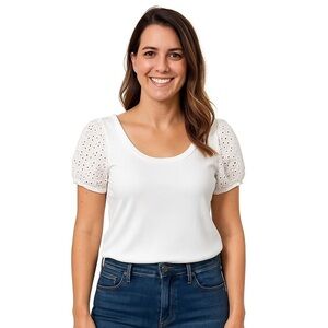 No Comment Ribbed Eyelet Puff Sleeve Crop Top White Size M